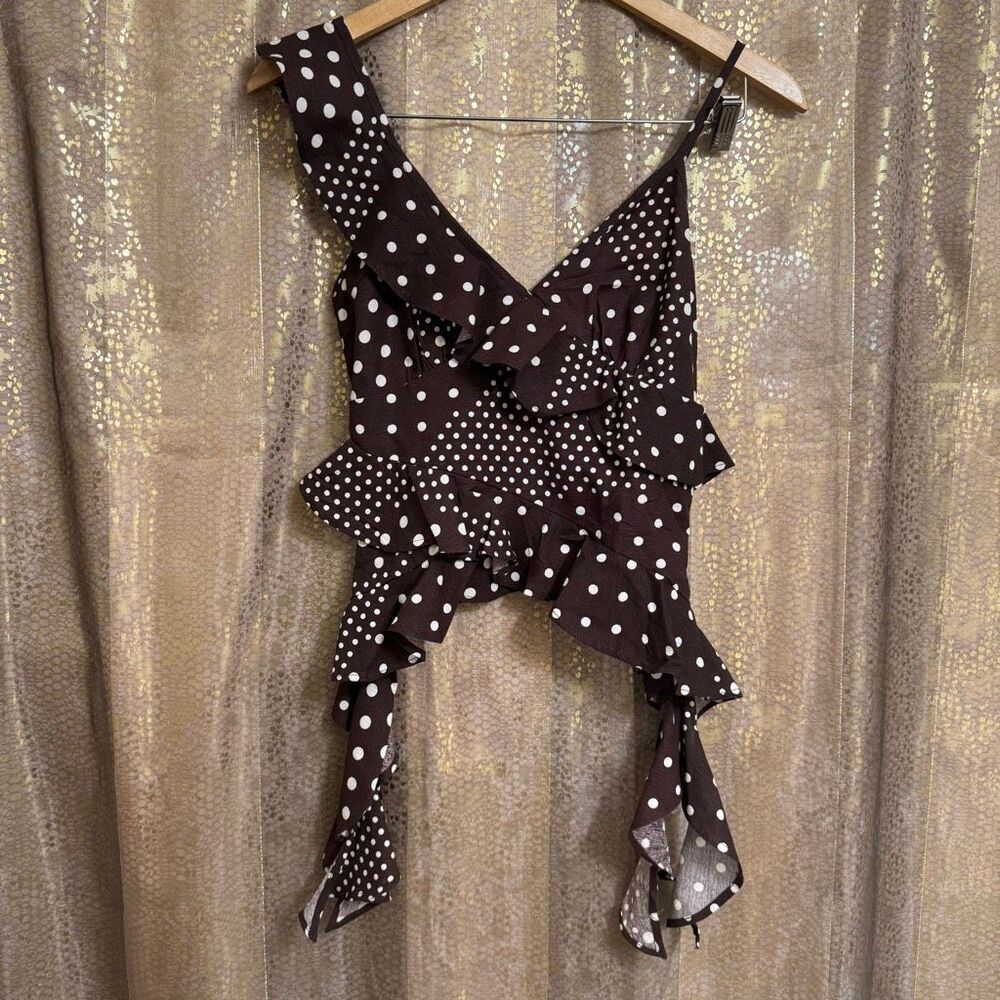 Style Envy Brown Lien Blend Polka Dot Pattern Ruffle Hem Tank Small